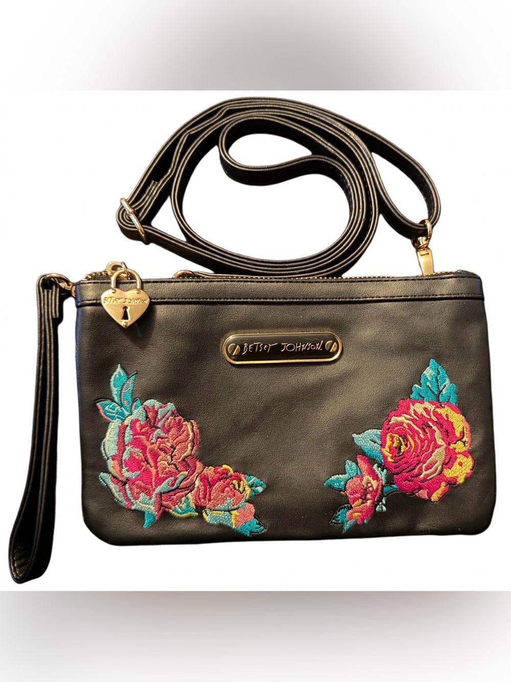 Betsey Johnson- Black Crossbody Bag with Pink & Teal Floral Embroidery